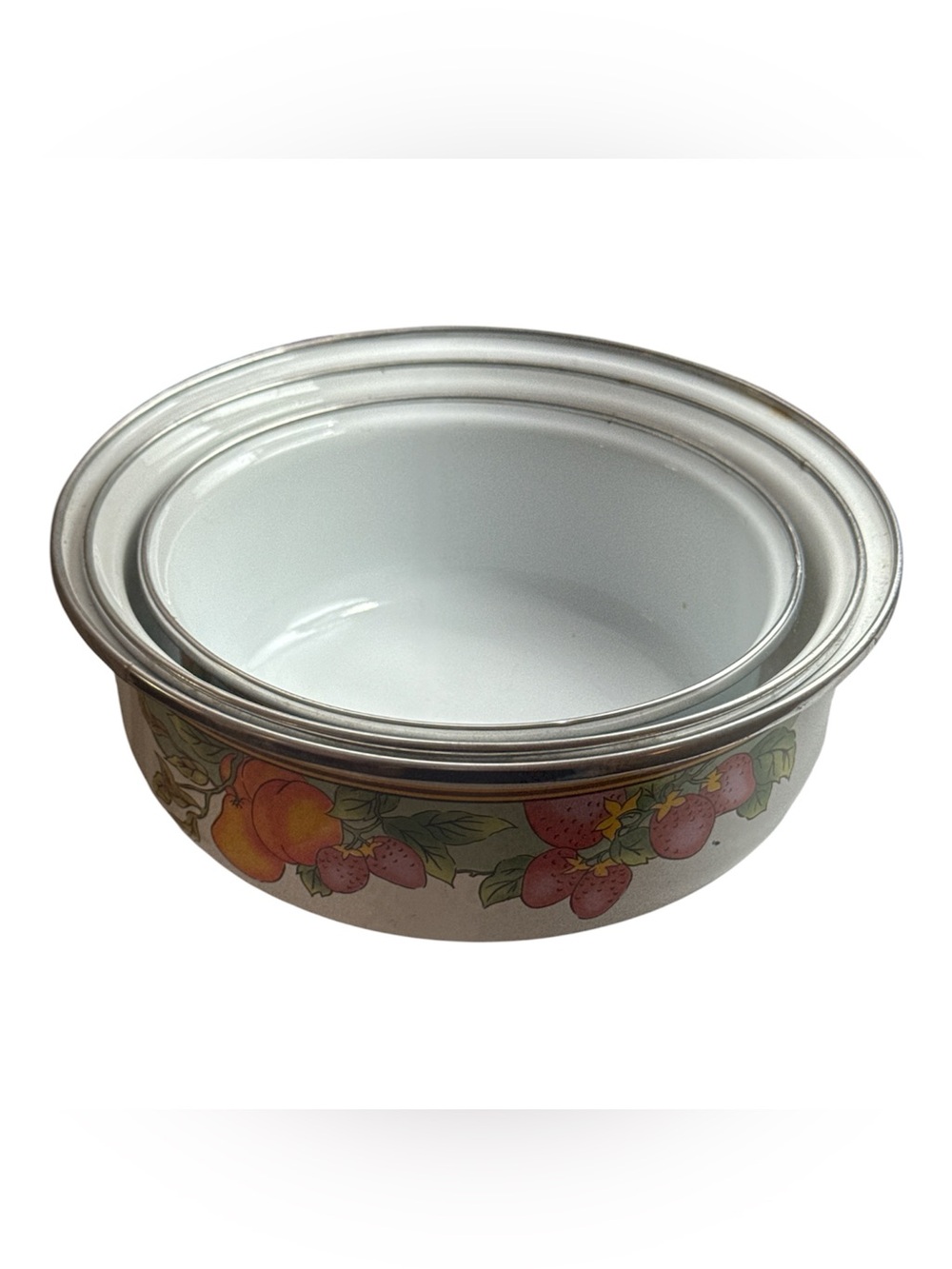 White Ceramic Fruit-Pattern Metal Vintage Mixing Bowls Set 3
